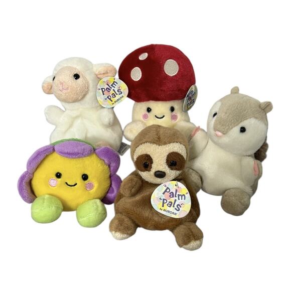 Aurora Palm Pals Plush Lot of 5 Sloth Mushroom Flower Lamb Chipmunk Stuffed Toys - Picture 2 of 4